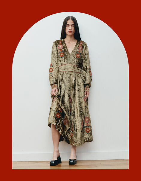 East Sophia Floral Embroidered Velvet Midi Dress, Green (GREEN), large