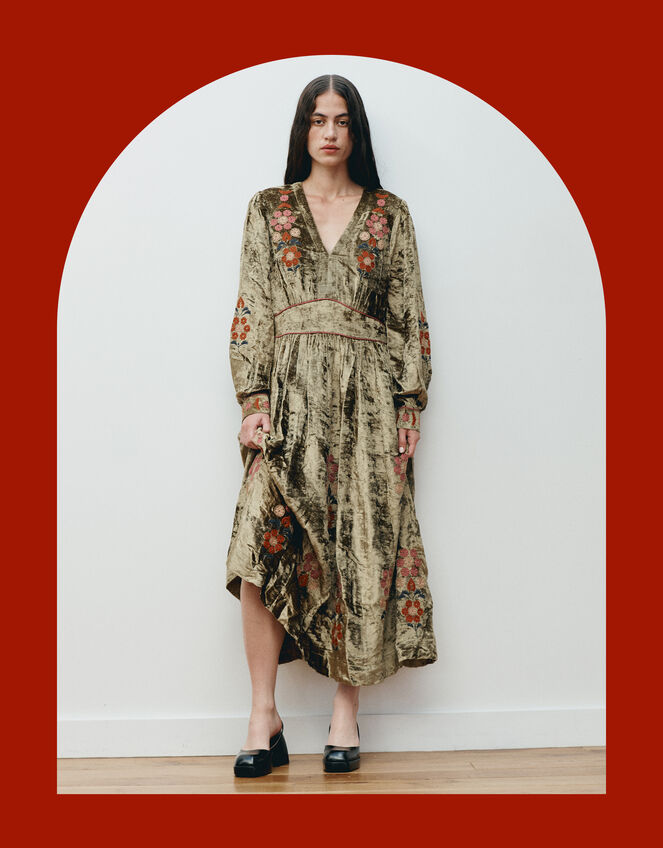 East Sophia Floral Embroidered Velvet Midi Dress, Green (GREEN), large
