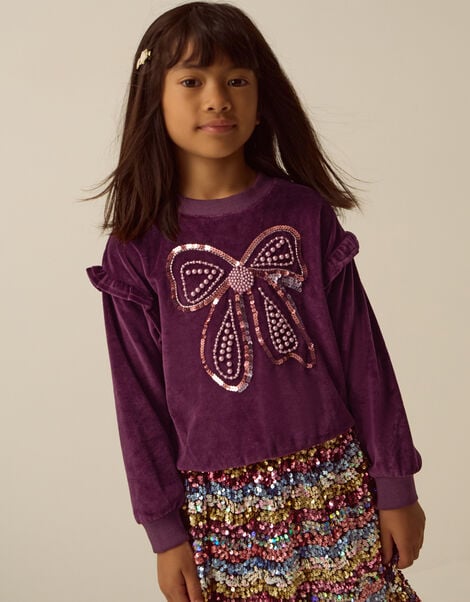 Bow Embellished Velour Sweatshirt, Brown (BROWN), large