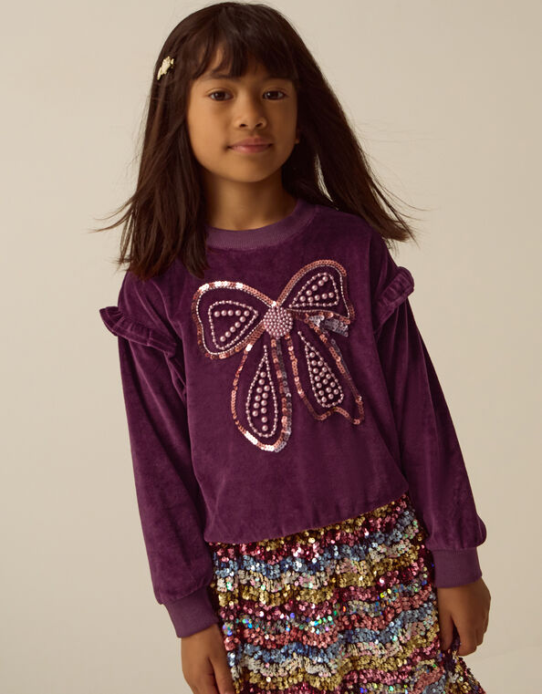 Bow Embellished Velour Sweatshirt, Brown (BROWN), large