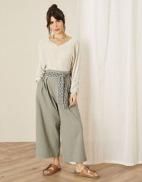 Embroidered Belt Wide Leg Trousers Green, Green (KHAKI), large