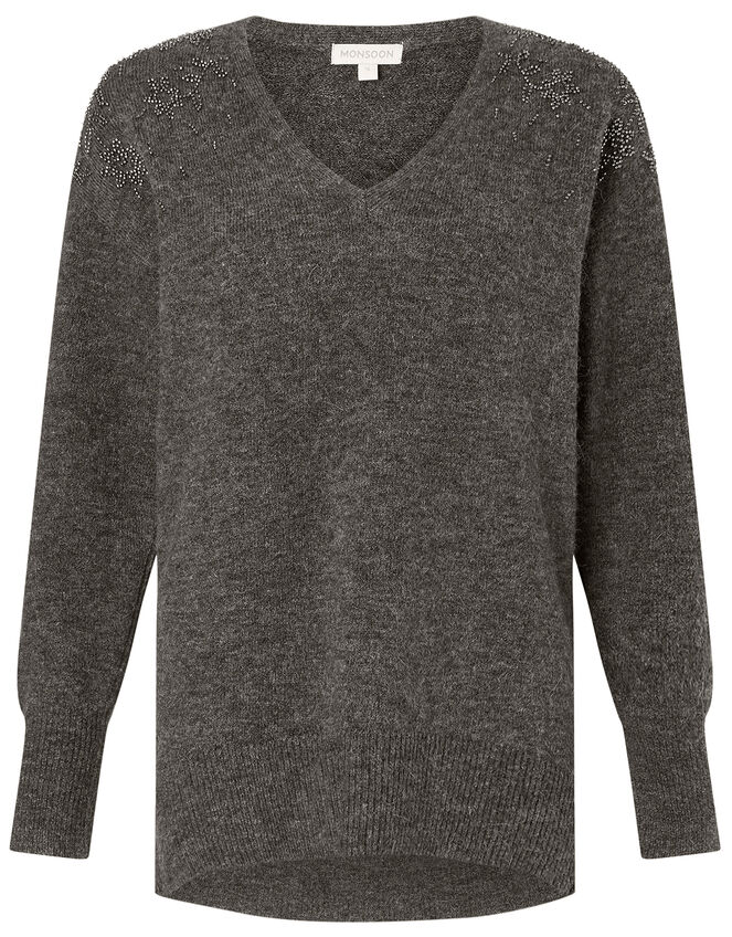 Floral Bead Knit Jumper with Recycled Fabric, Grey (CHARCOAL), large
