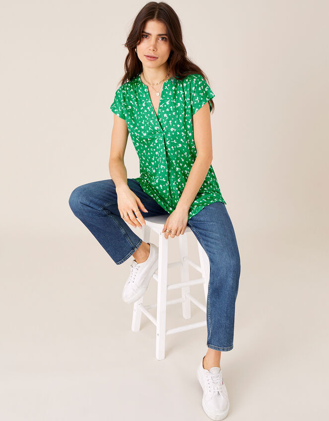 Candra Printed Top in Pure Linen, Green (GREEN), large