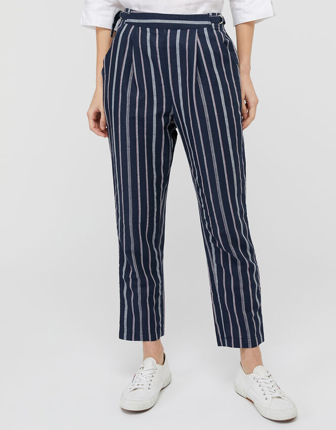 Sandra Stripe Trousers in Linen and Organic Cotton, Blue (NAVY), large