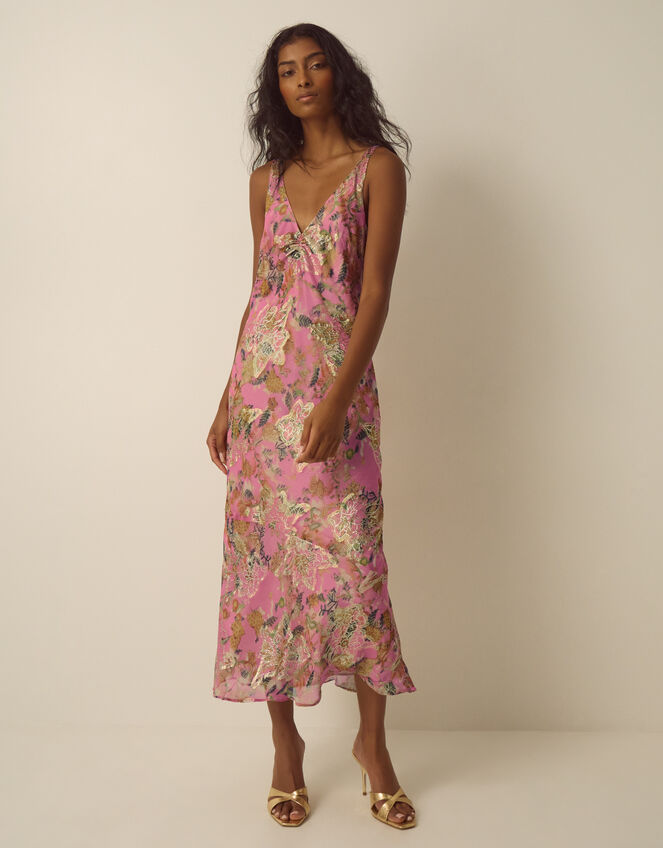 Ada Sleeveless Metallic Bias Cut Midi Dress, Pink (PINK), large