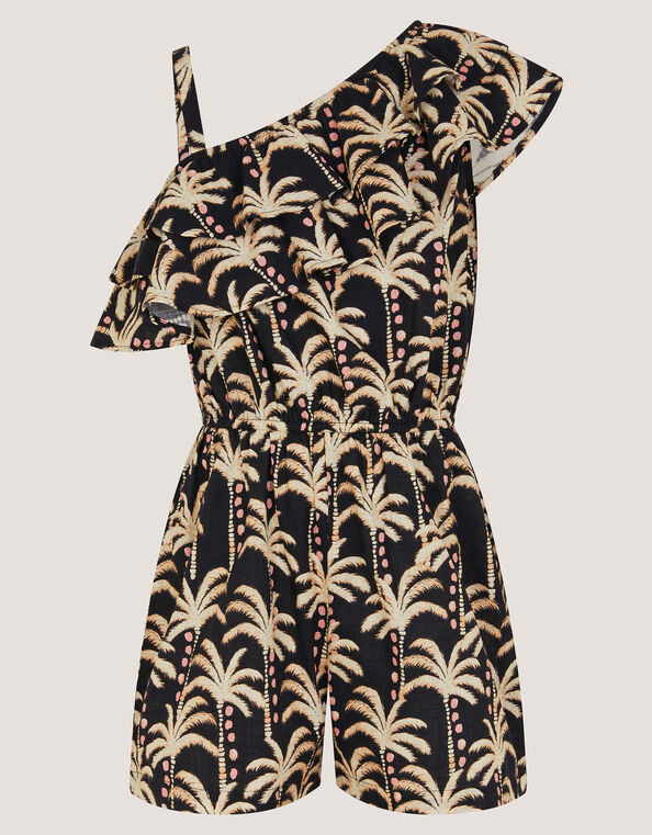 One Shoulder Palm Print Frill Romper, Black (BLACK), large