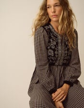 Elise Embroidered Check Print Midi Dress, Black (BLACK), large