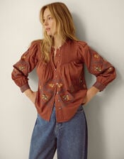 Sadie Embroidered Pintuck Blouse, Orange (RUST), large