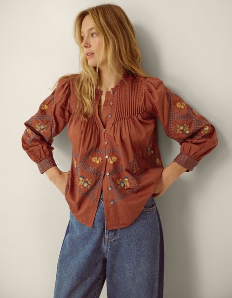 Sadie Embroidered Pintuck Blouse, Orange (RUST), large