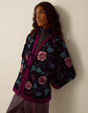 Agnes Floral Cross Stitch Embroidered Velvet Kimono Jacket, Black (BLACK), large
