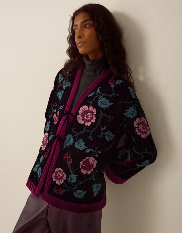 Agnes Floral Cross Stitch Embroidered Velvet Kimono Jacket, Black (BLACK), large
