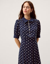 Kate Puff Sleeve Polka Dot Midi Dress, Blue (NAVY), large