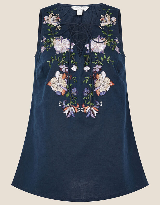 Floral Embroidered Sleeveless Top, Blue (NAVY), large