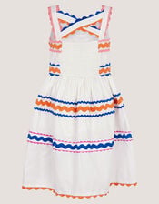 Ric Rac Embroidered Cotton Dress, White (WHITE), large