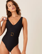 Belted Rib Swimsuit, Black (BLACK), large