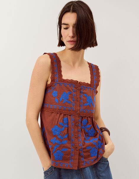 Madison Embroidered Broderie Lace Top, Brown (BROWN), large