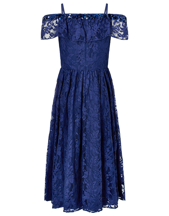 Lucy Sequin Lace Bardot Dress, Blue (NAVY), large