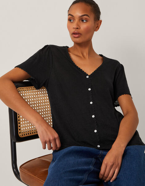 Imogen Button-Front Linen T-Shirt, Black (BLACK), large