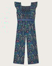 Floral Printed Jumpsuit, Blue (NAVY), large