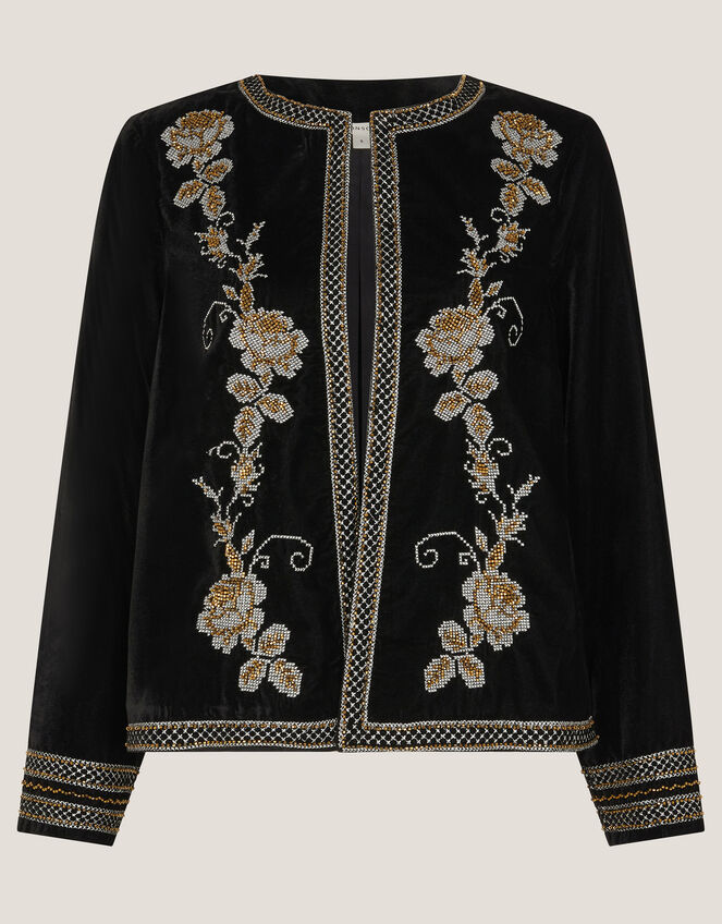 Heather Floral Embellished Velvet Jacket, Black (BLACK), large