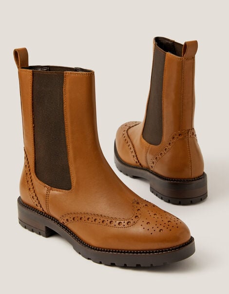 Eli Brogue Leather Chelsea Boots, Tan (TAN), large