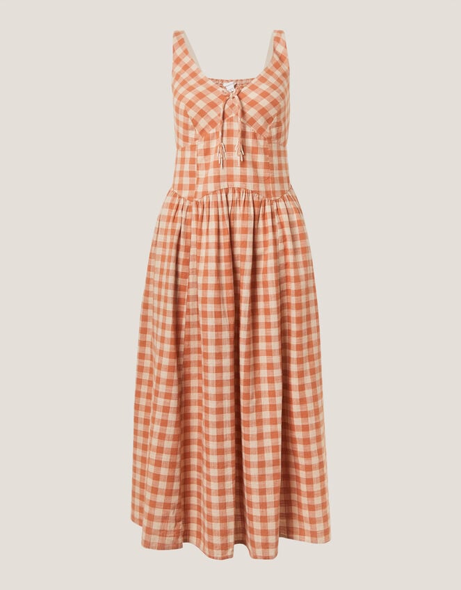 Hattie Sleeveless Gingham Midi Dress, Orange (CORAL), large