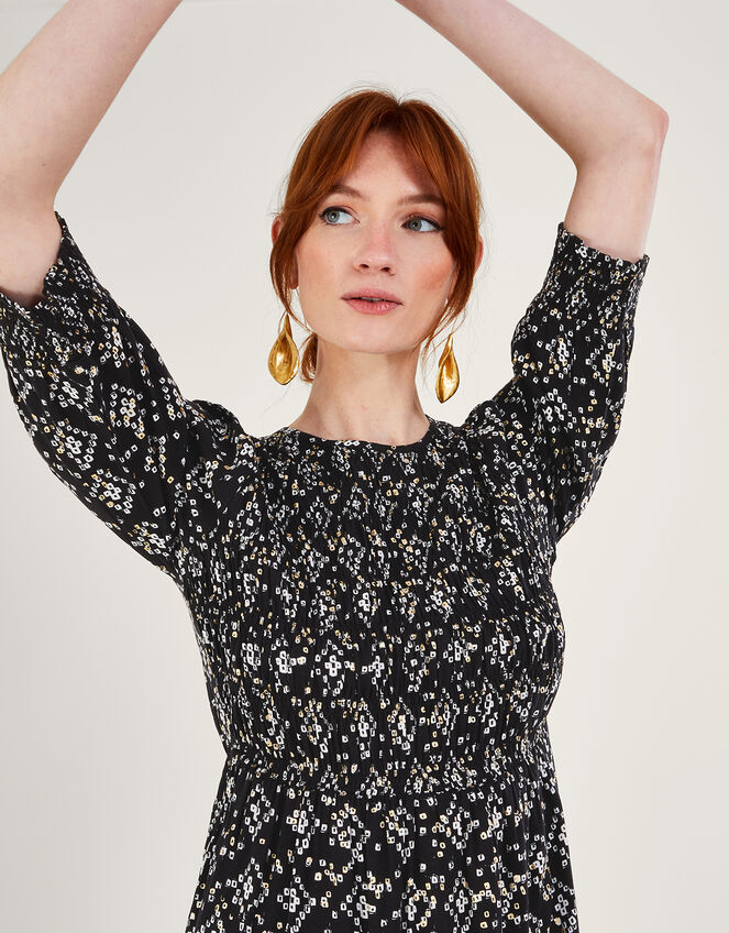 Geometric Print ¾ Sleeve Shirred Dress in LENZING™ ECOVERO™, Black (BLACK), large