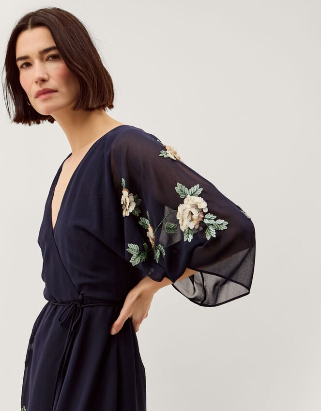 Clara Floral Embellished Midi Wrap Dress, Blue (NAVY), large