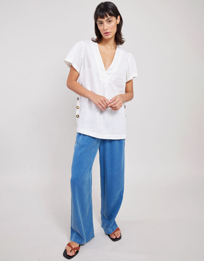 East Zahra Pinstripe Linen-Blend Top, Natural (NATURAL), large
