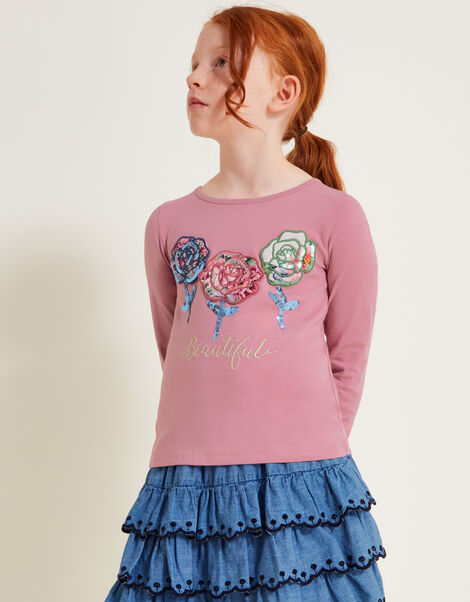 Long Sleeve Sequin Flower T-Shirt, Pink (PINK), large