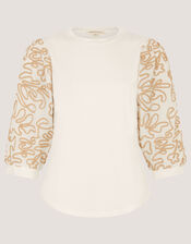 Freya Embroidered Sleeve Top, Ivory (IVORY), large