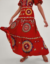 Alicia Hand-Embellished Tiered Maxi Dress, Red (RED), large