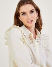 Cut-Out Lace Puff Sleeve Blouse	, Cream (CREAM), large