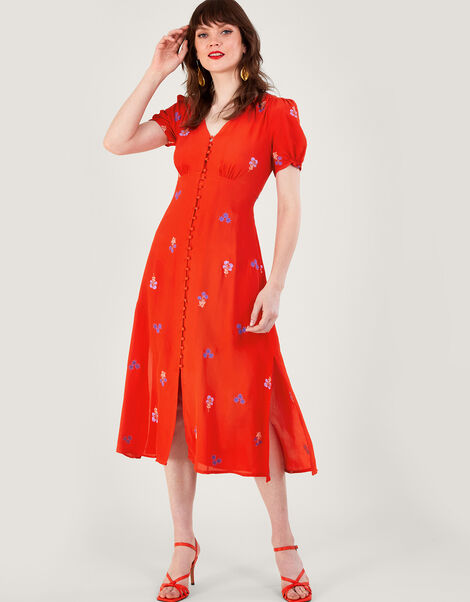 Ollie Embroidered Tea Dress in Sustainable Viscose Orange, Orange (ORANGE), large