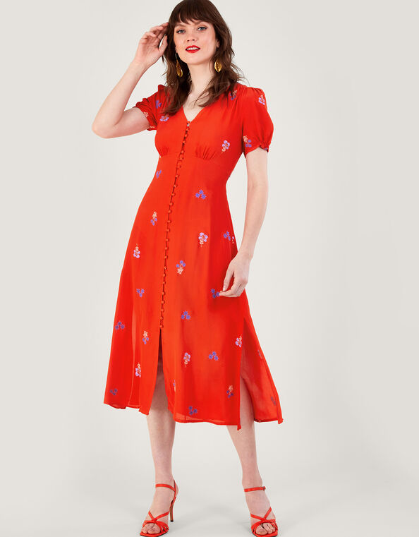 Ollie Embroidered Tea Dress in Sustainable Viscose Orange, Orange (ORANGE), large