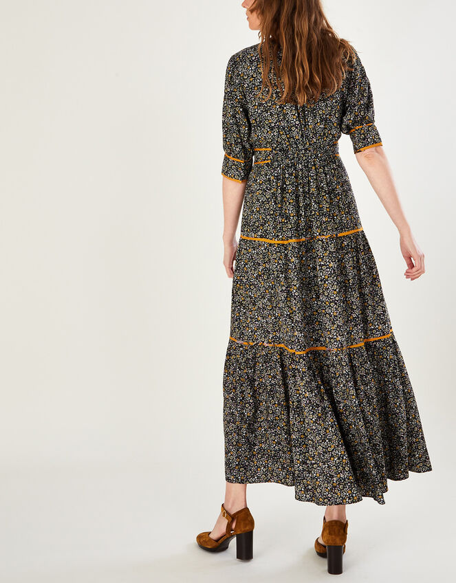 Ditsy Contrast Binding Fit and Flare Midi Dress, Black (BLACK), large