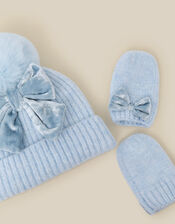 Baby Bow Beanie Hat & Mittens Set, Blue (BLUE), large