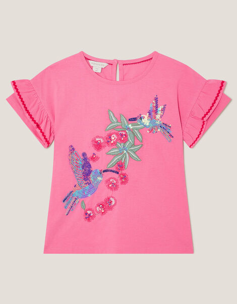 Hummingbird Embellished Frill T-Shirt, Pink (PINK), large