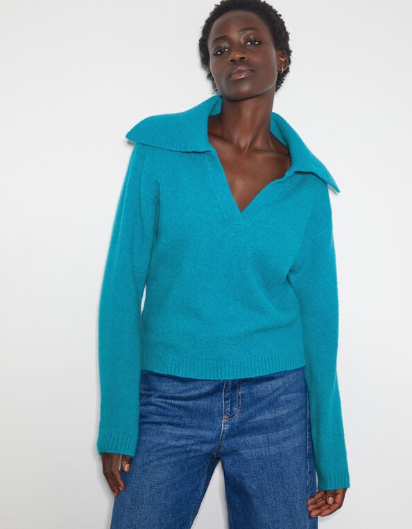 Clover V-Neck Collar Sweater, Blue (TURQUOISE), large
