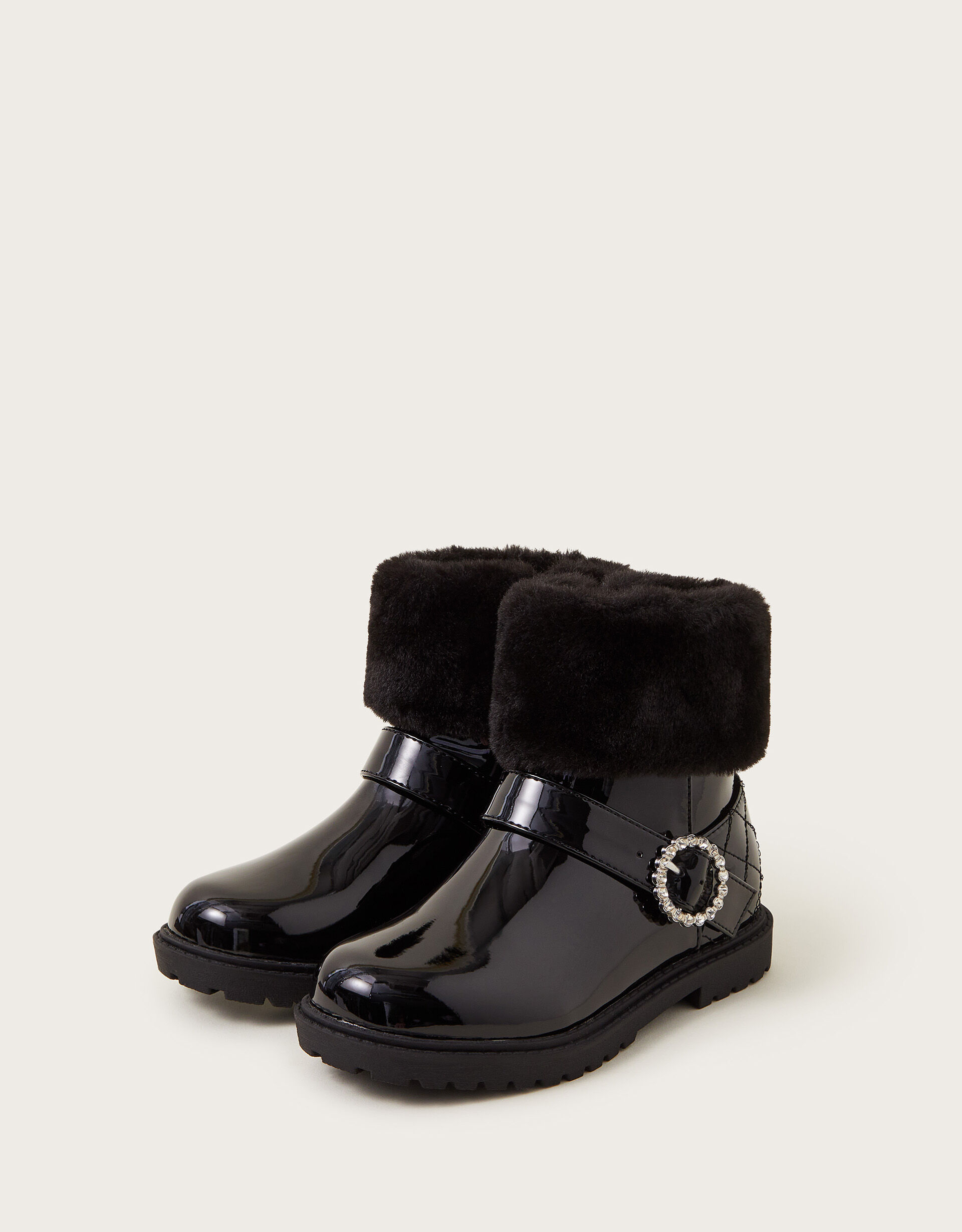 Patent Faux Fur Cuff Boots Black