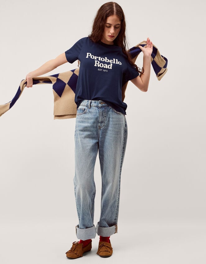 Sabrina Slogan Cotton T-Shirt, Blue (NAVY), large