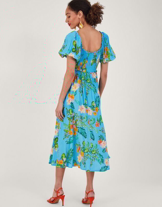 Limella Floral Print Shirred Dress in Sustainable Viscose, Blue (BLUE), large