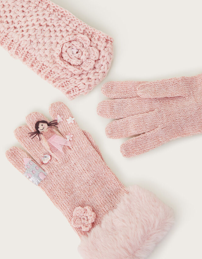 Flower Princess Gloves and Knit Headband Set, Pink (PINK), large