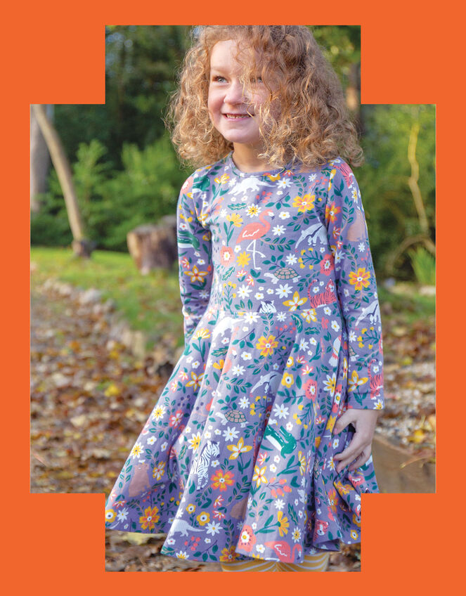 Frugi Rainforest Friends Print Skater Dress, Purple (PURPLE), large