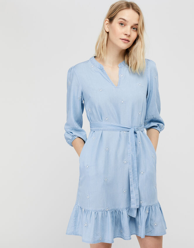 Evie Floral Embroidery Dress in LENZING™ TENCEL™, Blue (DENIM BLUE), large