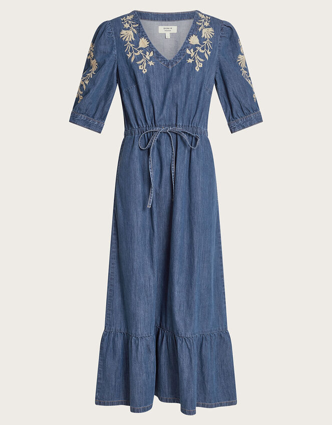 Embroidered Denim Midi V-Neck Dress, Blue (DENIM BLUE), large