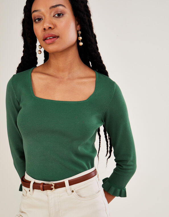 Square Neck ¾ Sleeve Jumper with LENZING™ ECOVERO™ Green, Green (GREEN), large