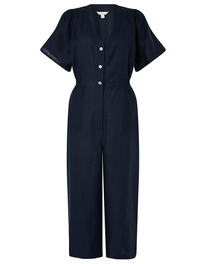 Poppy Cropped Jumpsuit in Pure Linen, Blue (NAVY), large
