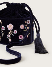 Embroidered Velvet Tassel Bucket Bag, , large