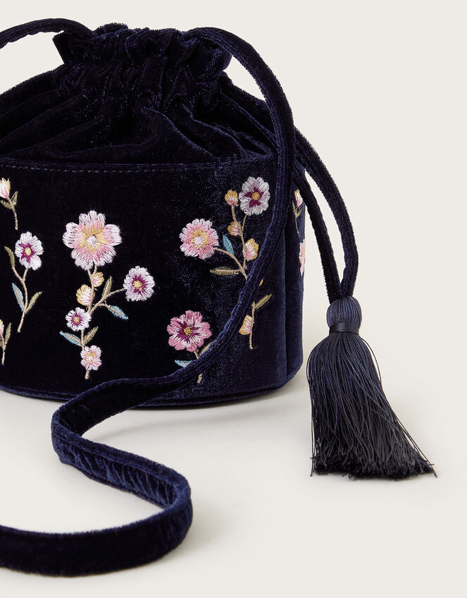 Embroidered Velvet Tassel Bucket Bag, , large